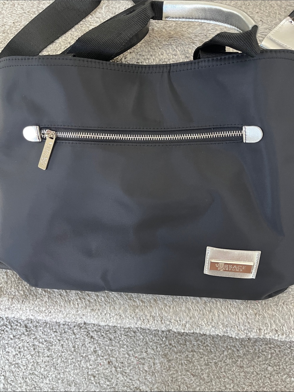 Versace Black Nylon Parfums Tote with Silver Accents